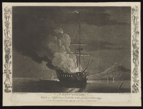 Mezzotint. Een brandend schip naar een schilderij van Willem van der velde.